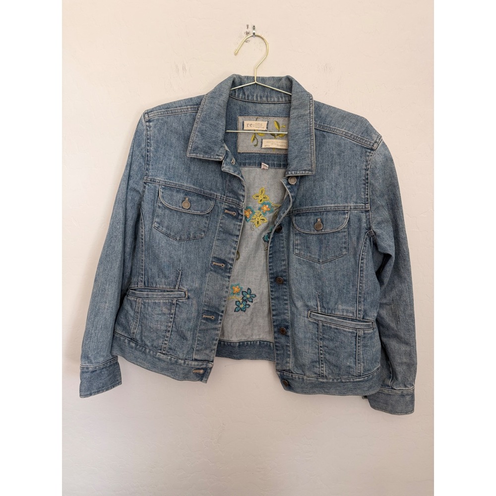 J.Jill Pure Jill Re Denim Floral Embroidered Jacket Medium Wash Blue Stretch XL